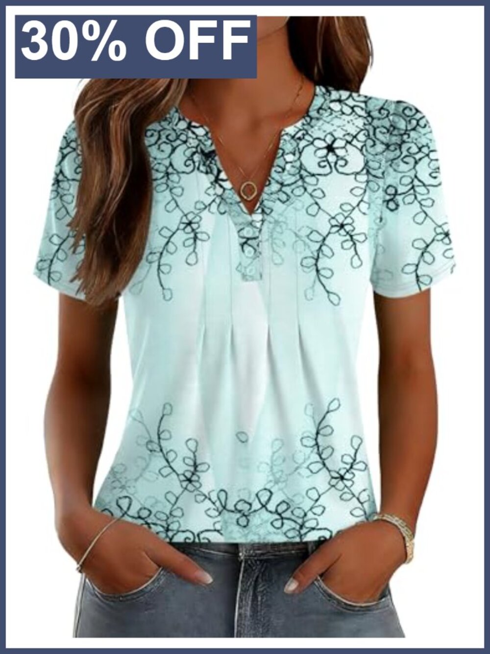 Womens V Neck Short Sleeve Pleated Blouse Tunic Top Loose Fit